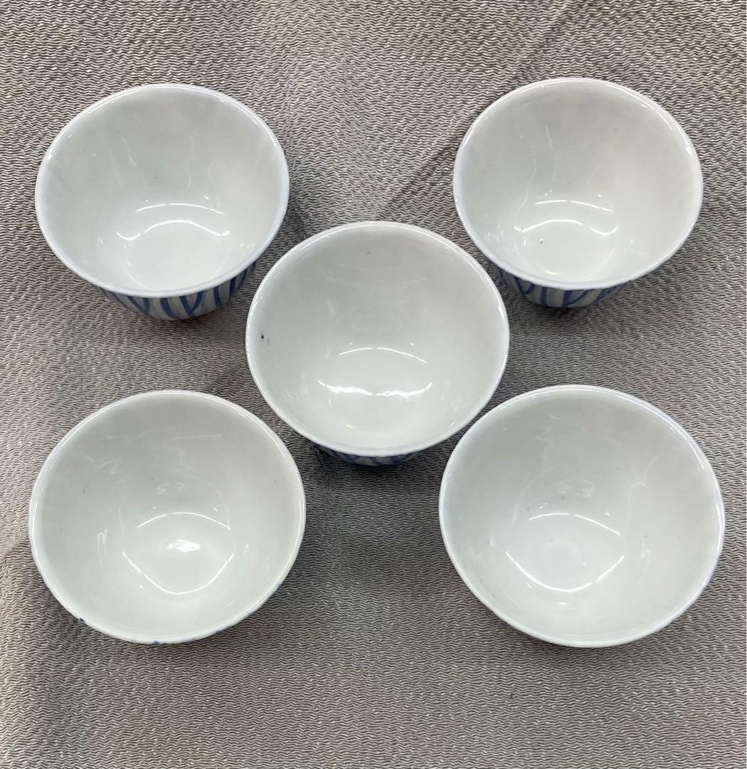 B151s  染付一葉煎茶碗　5個　茶道具　瀬戸　骨董　ぐい呑　盃