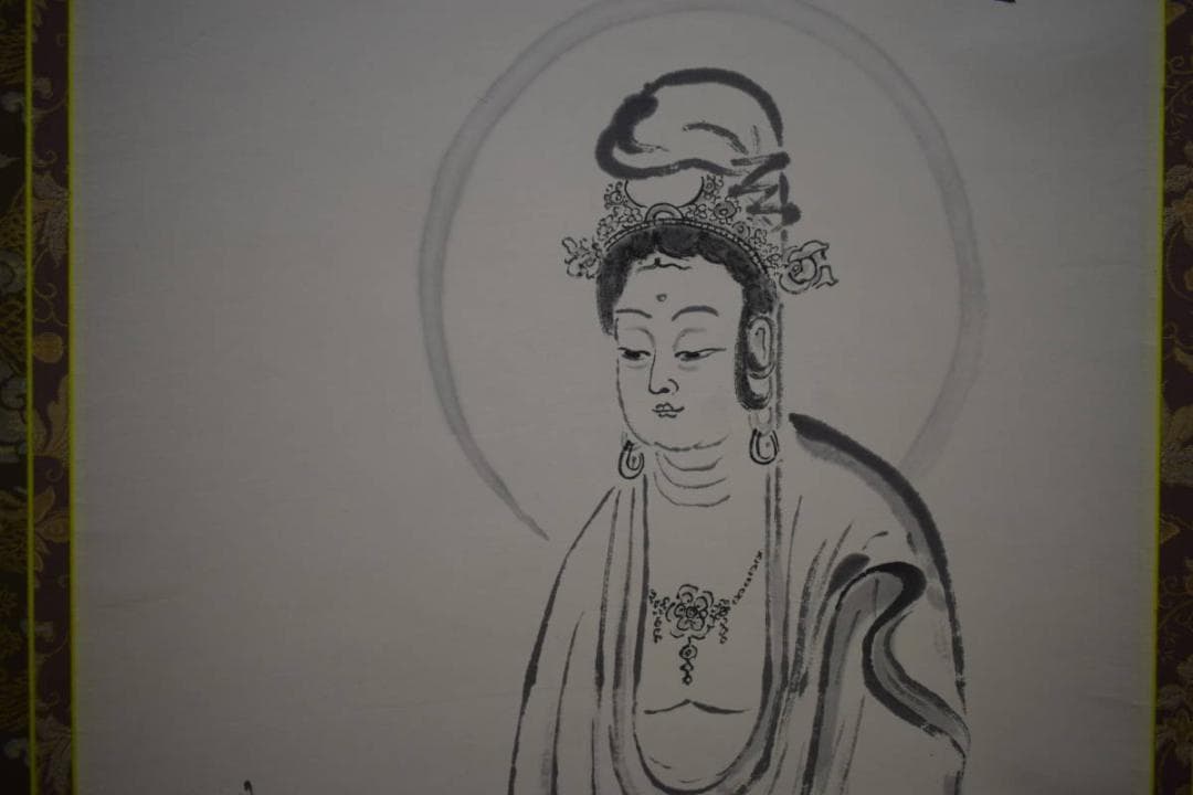 真作/高橋重友/観世音菩薩/観音画賛/桐共箱付/布袋屋掛軸HI-971