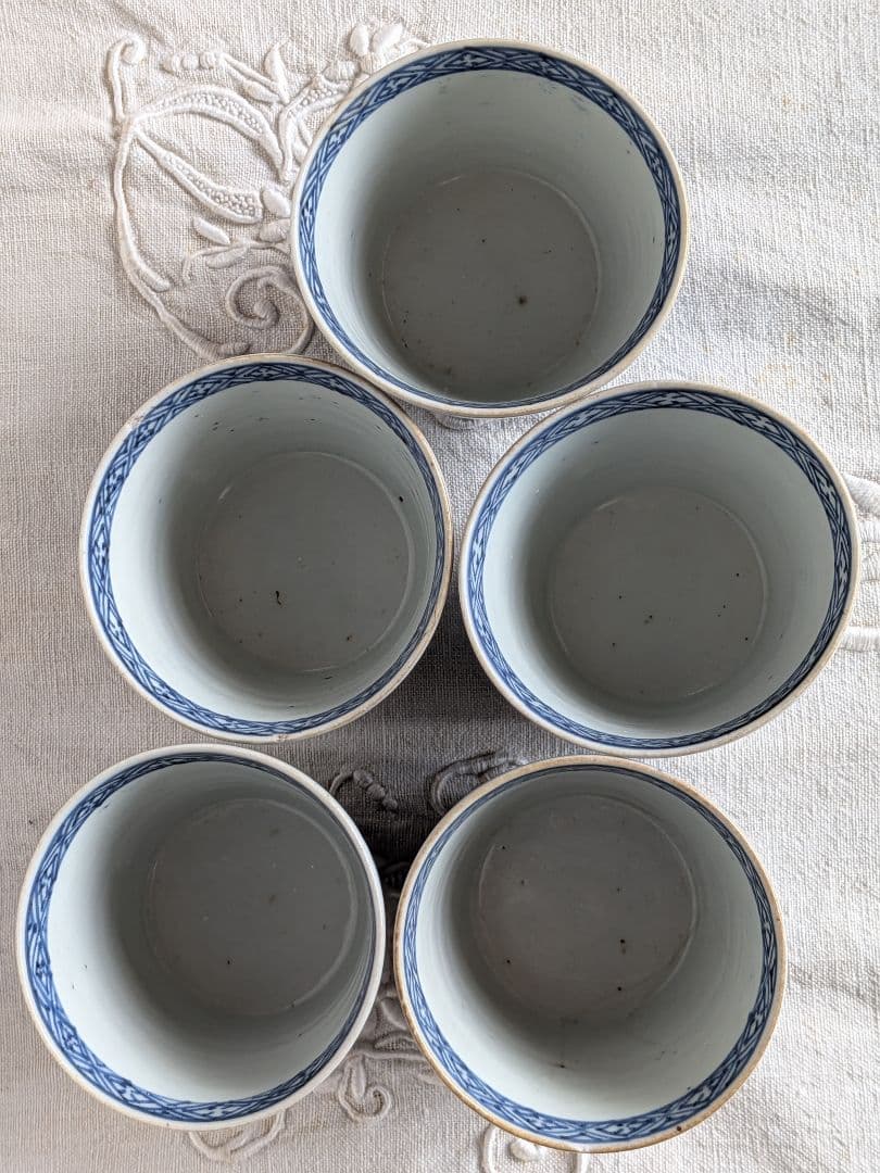 古伊万里 蕎麦猪口 5客セット 色絵染付 金彩アザミ図 江戸中期