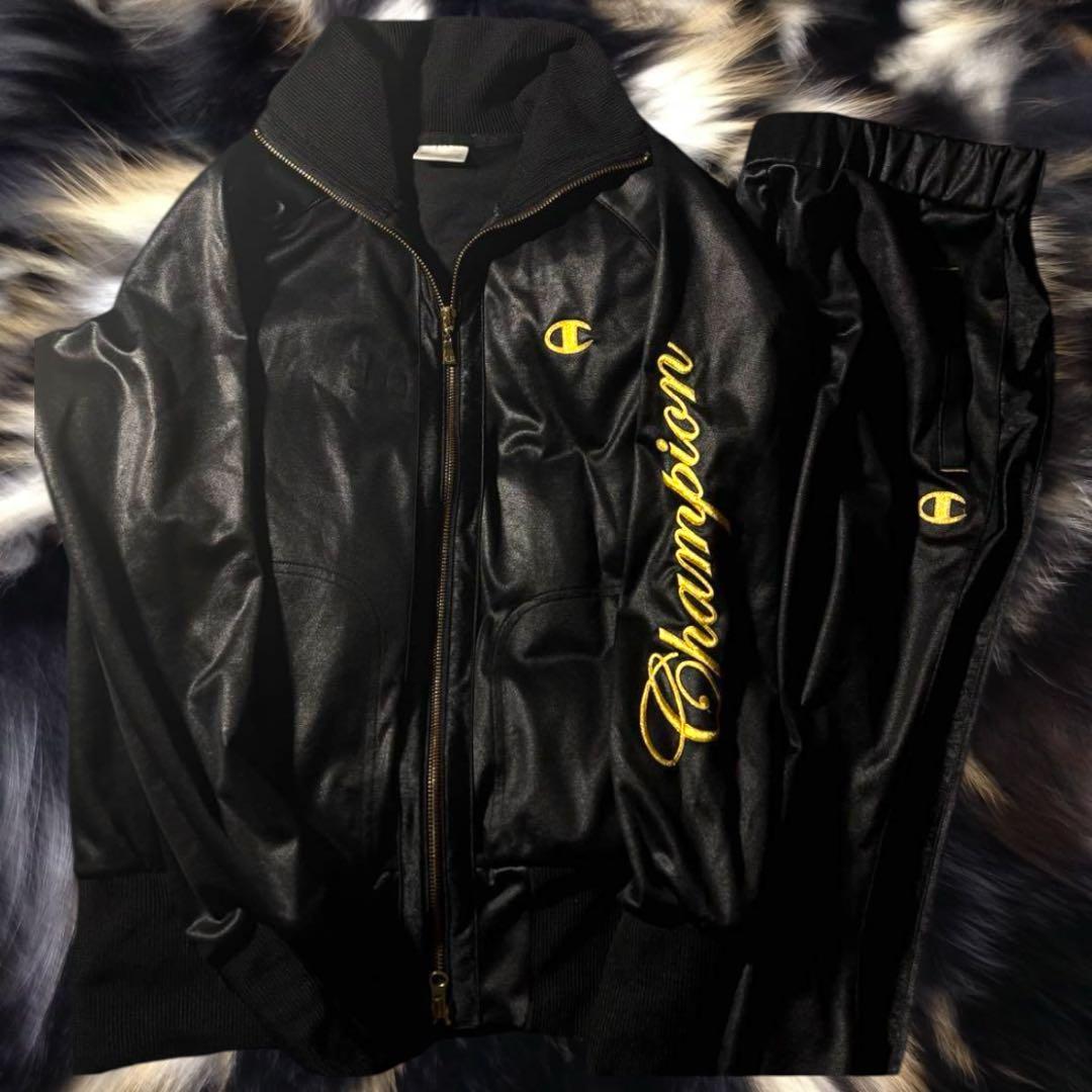 Champion レザー風 金黒 ジャージ セットアップ ロゴ 刺繍 お兄系