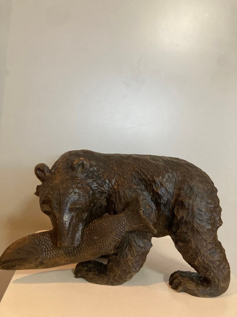 木彫り熊　鮭咥え熊　あらき作　美品　木彫