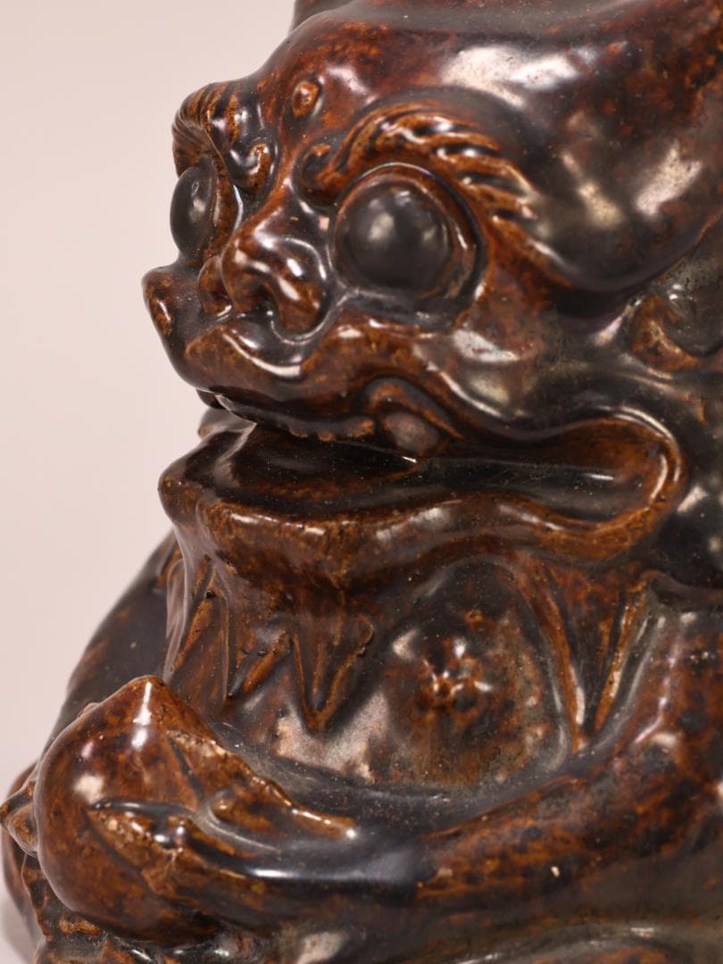 BK400　江戸期　古瀬戸焼　在銘あり　飴釉薬　鬼置物　魔除　風水