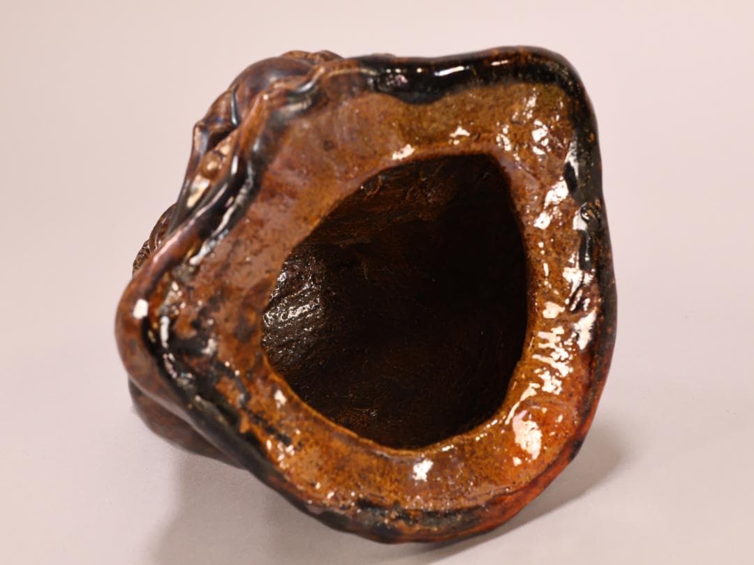 BK400　江戸期　古瀬戸焼　在銘あり　飴釉薬　鬼置物　魔除　風水