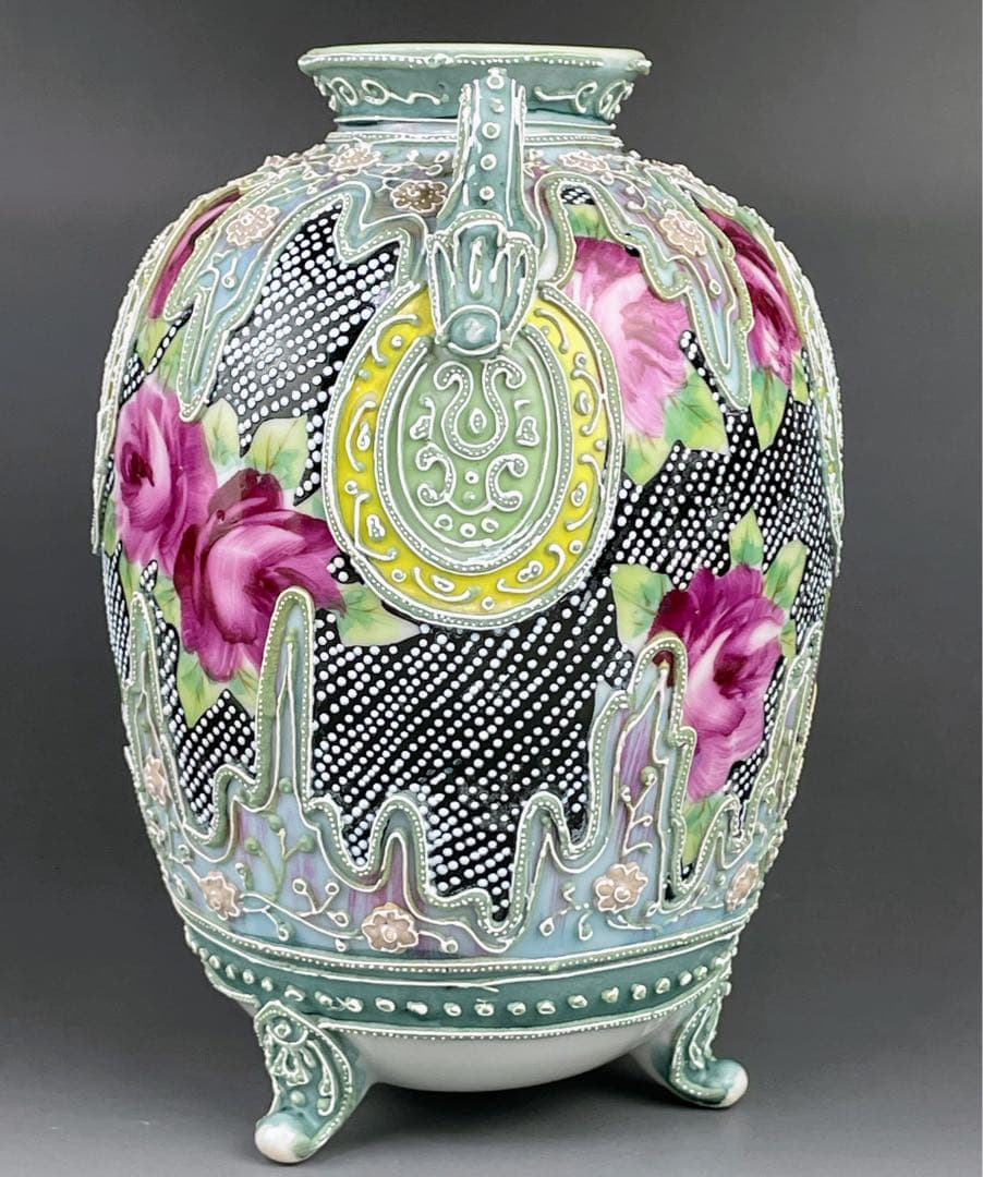 【希少】オールドニッポン 薔薇紋 一陳盛上げ アールヌーボー 花瓶 ビーディング