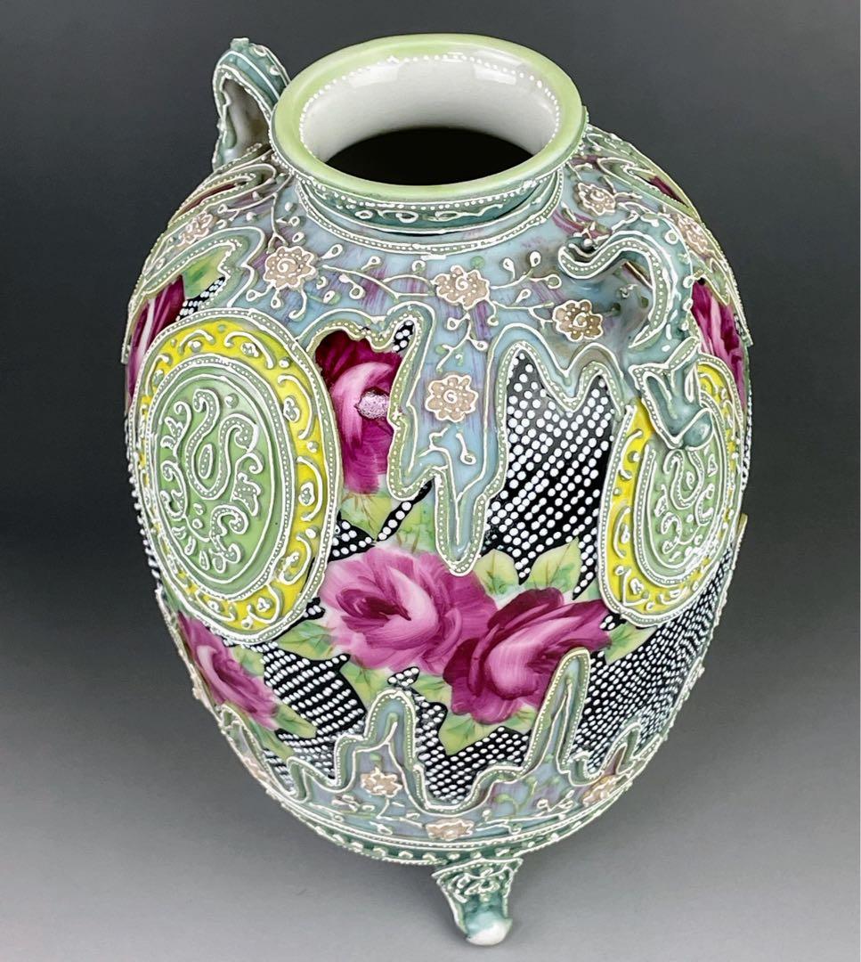 【希少】オールドニッポン 薔薇紋 一陳盛上げ アールヌーボー 花瓶 ビーディング