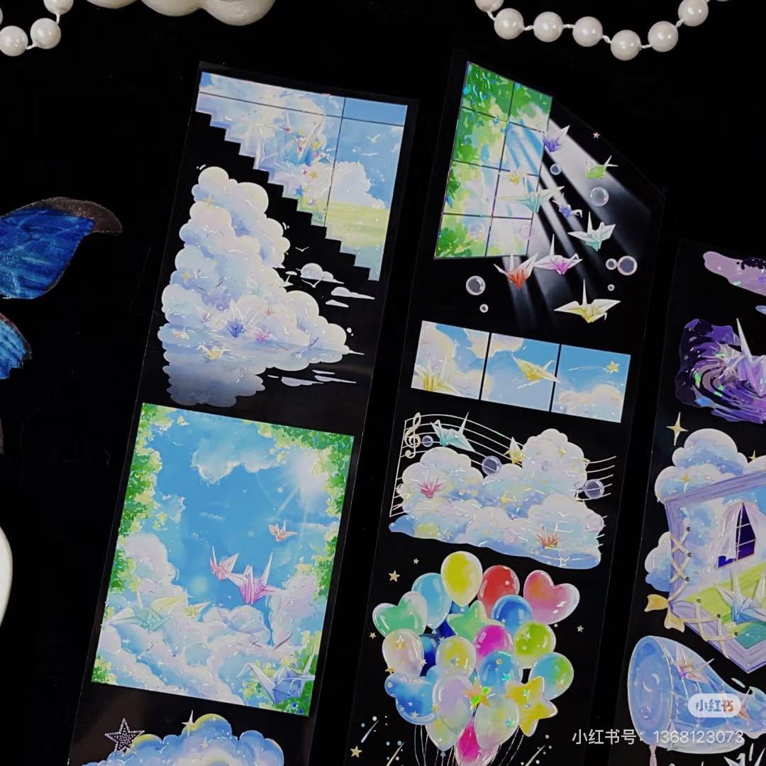 【8901】海外　マステ　3/5/巻　貝殻光マスキングテープ　虹　空　折り鶴