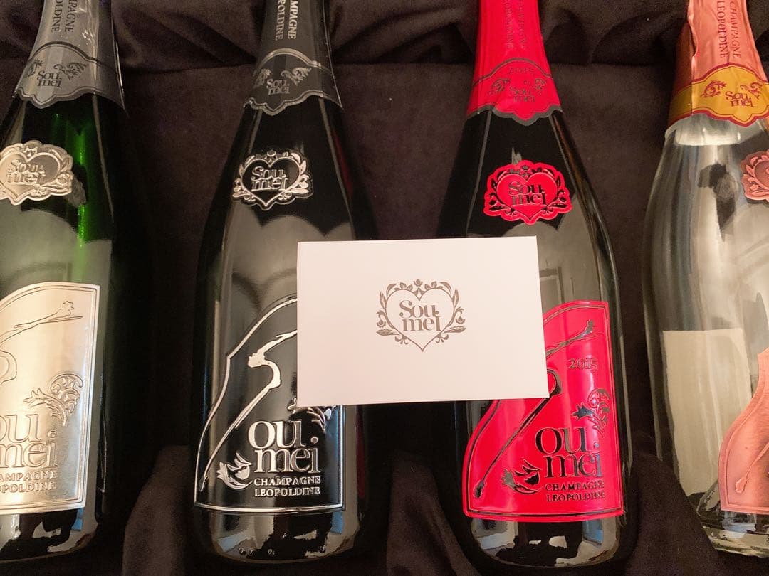 Soumeiシャンパン、6本セット、専用ケース入り、空ビン、シール付き
