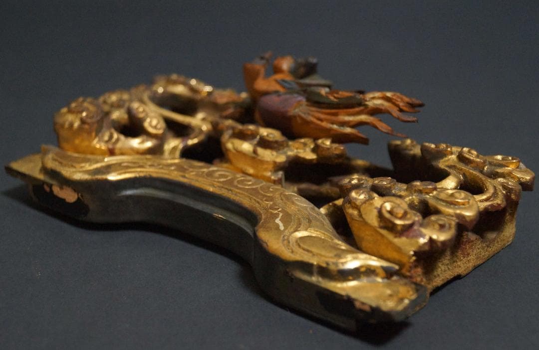 江戸末期一刀彫り高浮彫『天女飛天図』 木造彩漆金箔 木彫欄間飾り置物 オブジェ