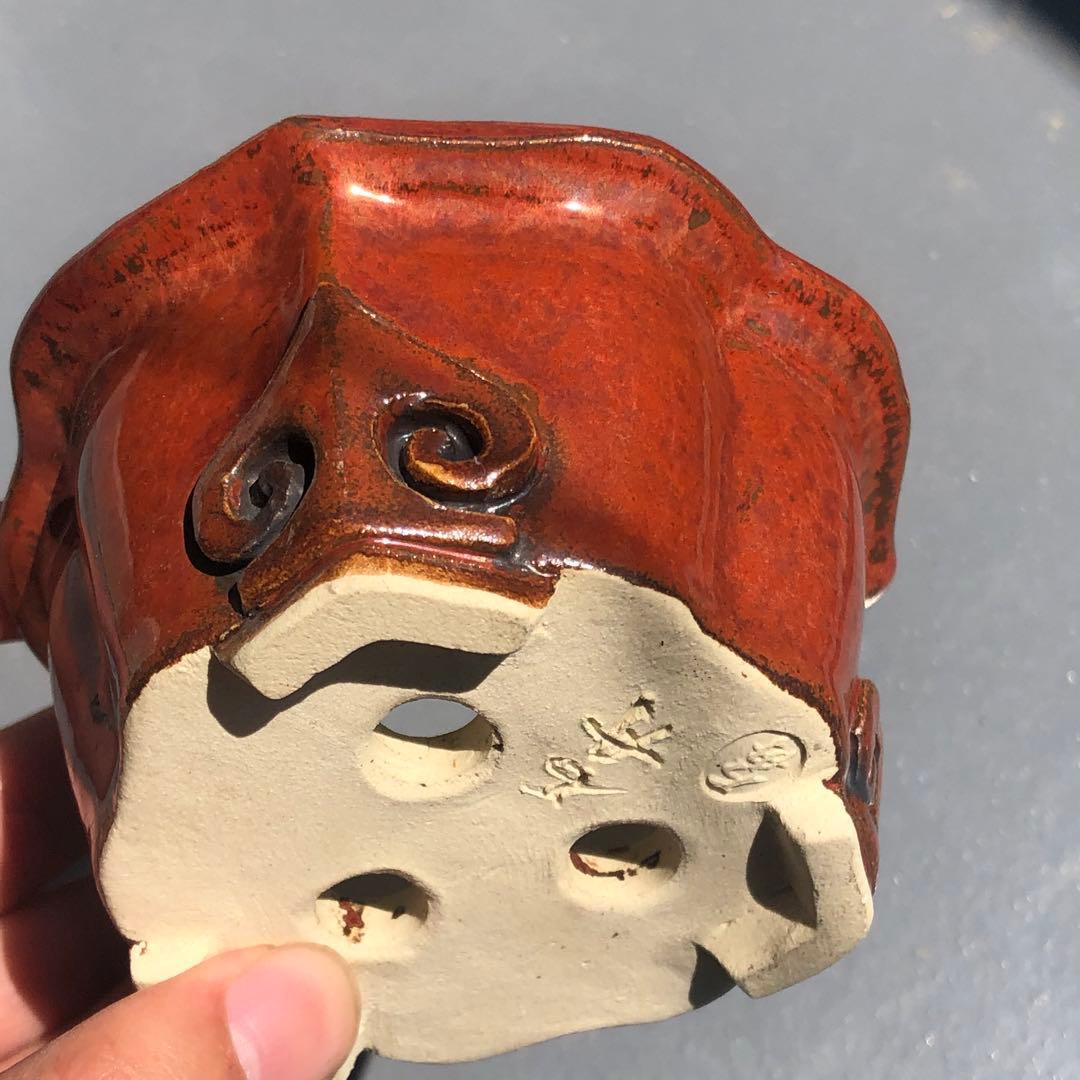 157.石舟 赤鉄釉飾足鉢 盆栽鉢 植木鉢 10*5.5cm