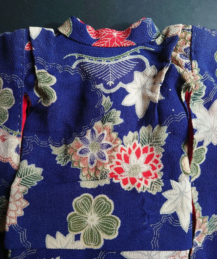 アンティーク　市松人形の着物　大正期の縮緬　袷　比翼付き　袂二枚本仕立て