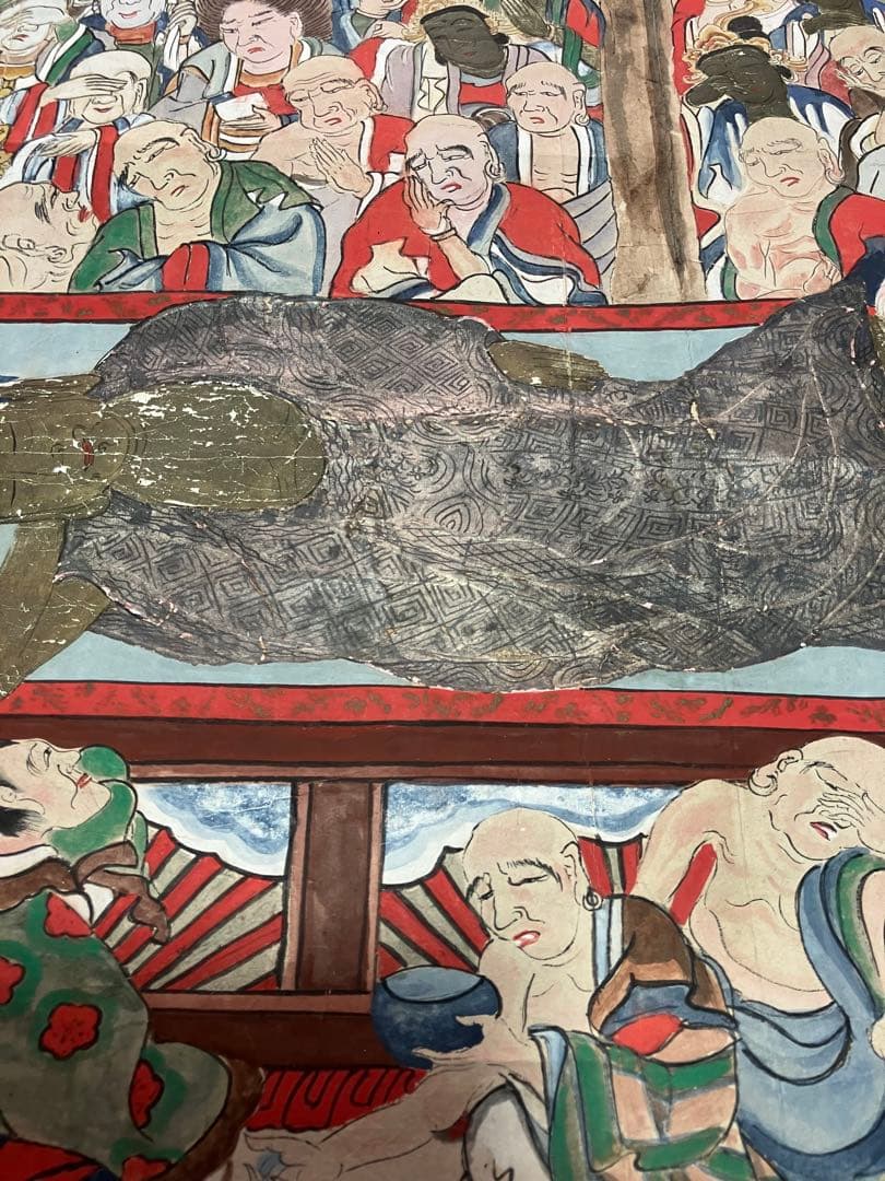 掛軸 釈迦涅槃図 大幅軸 紙本 彩色 仏画 仏教美術 年代物 時代物 合箱