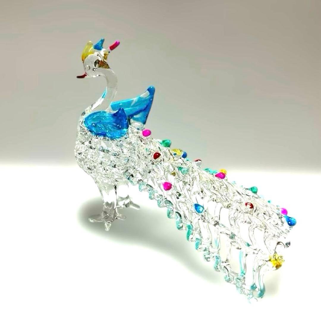 ガラス製孔雀の置物　インテリア ガラス細工