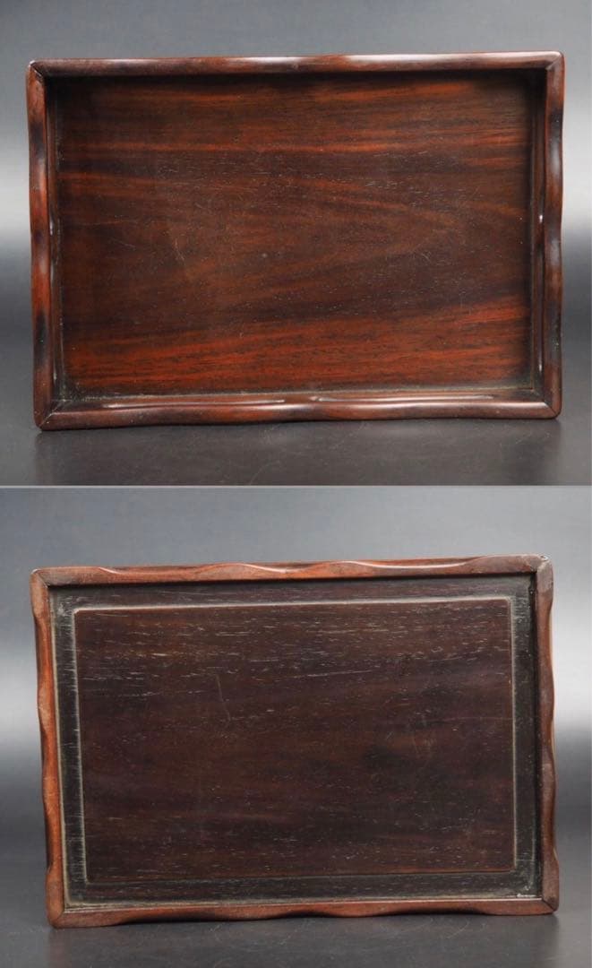 送料無料　時代物　紅木唐木紫檀花梨 透かし彫り四角盆　22.5×15.5ｃｍ