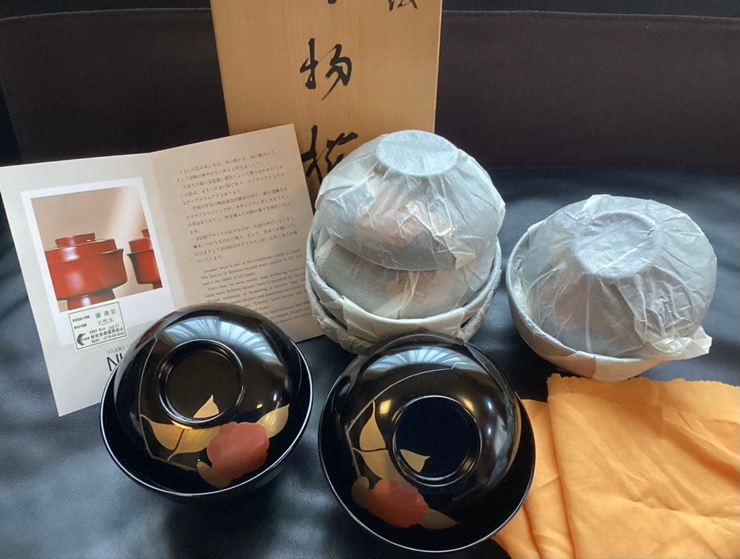 天然木　越前塗　越前漆器　吸物椀５客　手書き椿金蒔絵　本漆塗り　森下漆器　未使用