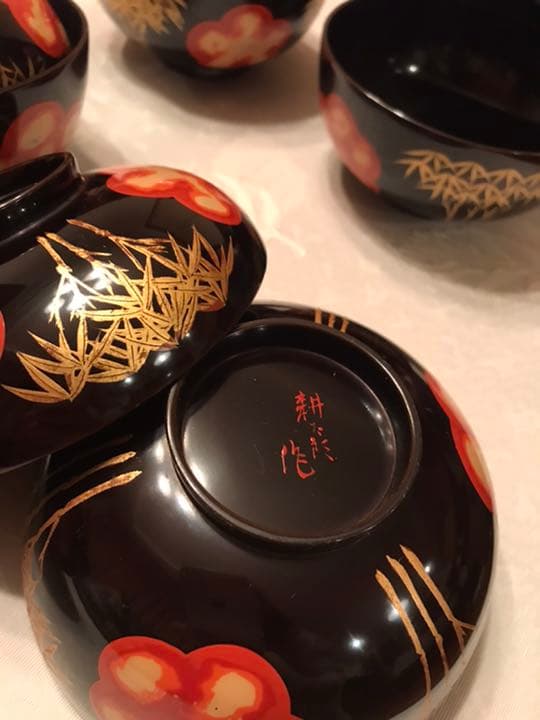 東京日本橋木屋漆器店　骨董品　漆器　縁起物　竹梅　大正〜昭和時代のお碗5客