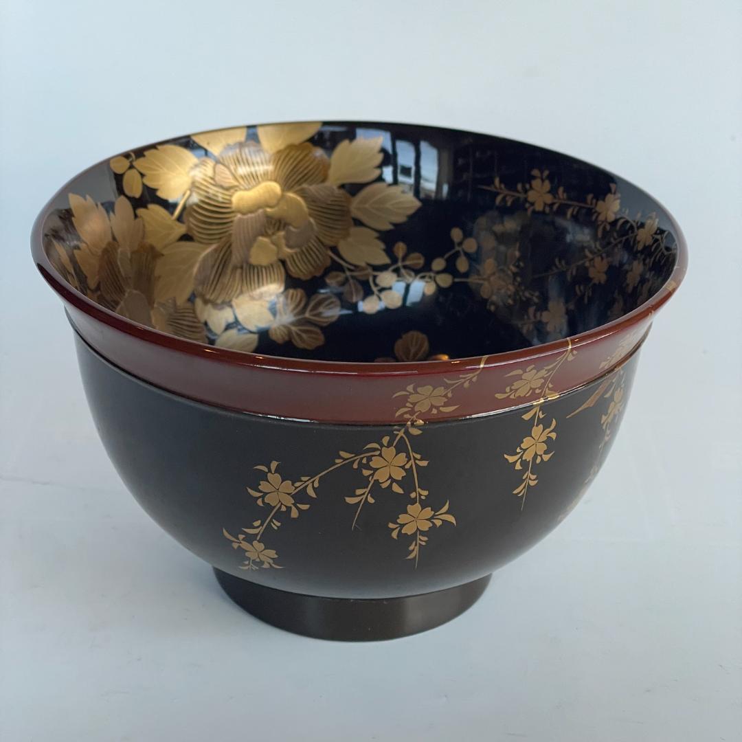 時代 金蒔絵 螺鈿 盃洗 漆 大茶椀 枝垂れ桜 さくら 菊 椿 美品