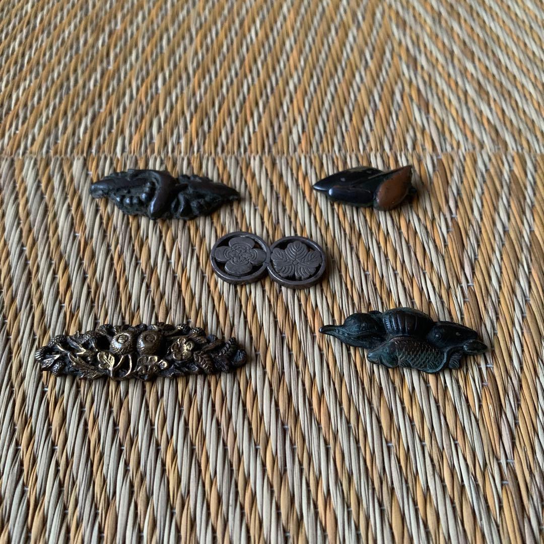 目貫 前金具 金工 家紋 菊 魚 蓮 5点