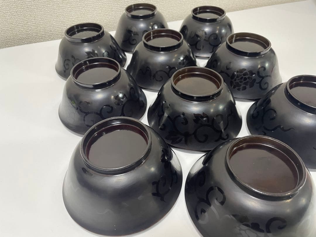 黒漆器 黒漆 内黒塗 漆器 吸物 懐石椀 煮物椀 10客 唐草柄 アンティーク