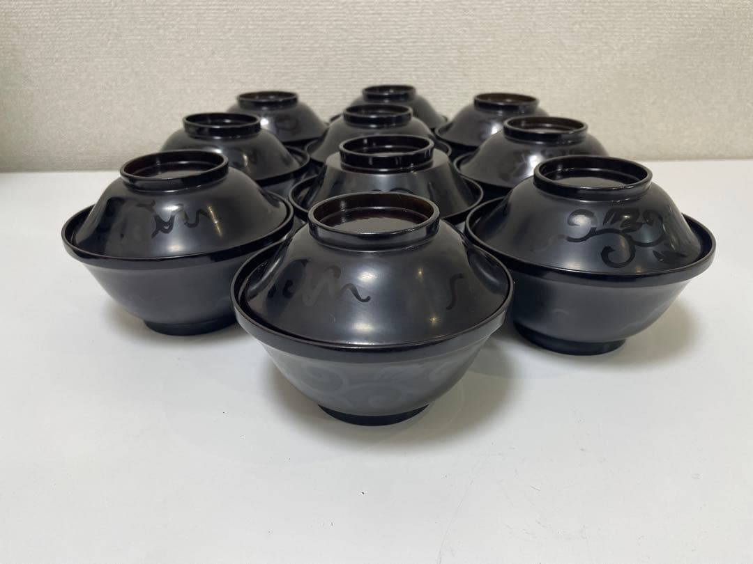 黒漆器 黒漆 内黒塗 漆器 吸物 懐石椀 煮物椀 10客 唐草柄 アンティーク