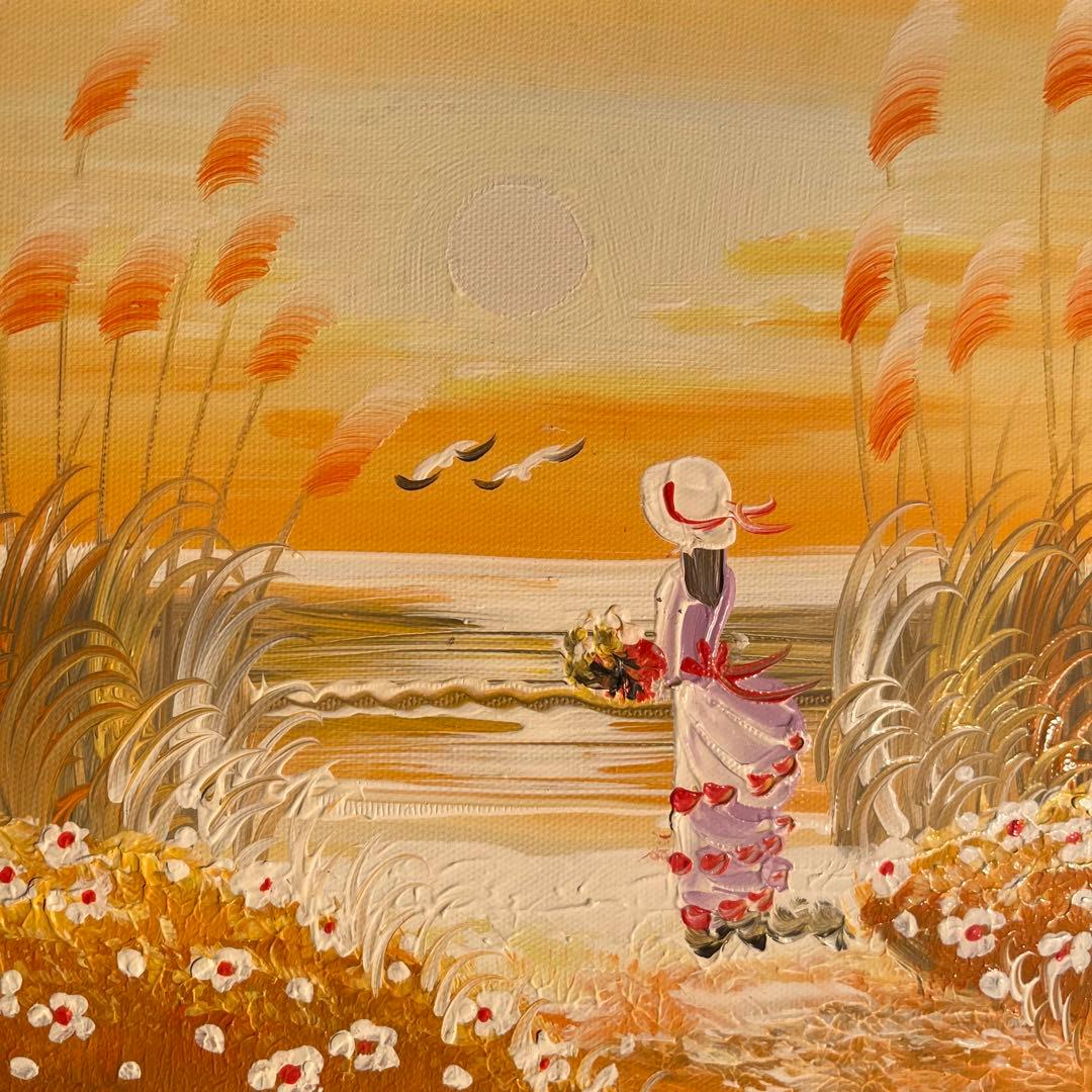 手書き油絵 ３枚組 海を眺める少女 額付き インテリア 油彩画 肉筆絵画