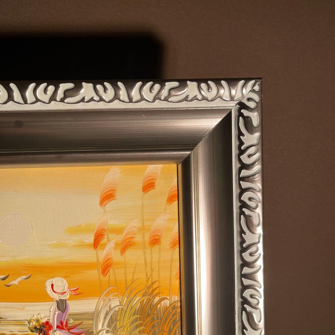 手書き油絵 ３枚組 海を眺める少女 額付き インテリア 油彩画 肉筆絵画