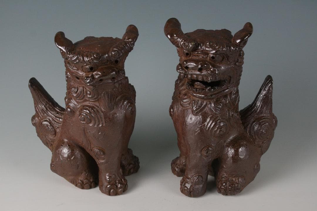 人間国宝一門　金城敏徳 作　南蛮焼〆立シーサー（大）1対