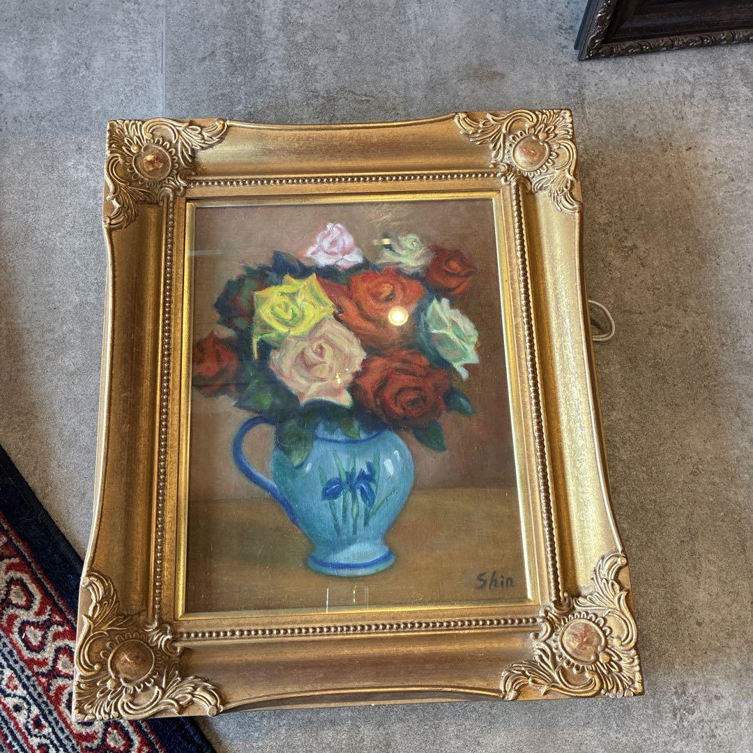 油絵　アート　ガラス入　インテリア