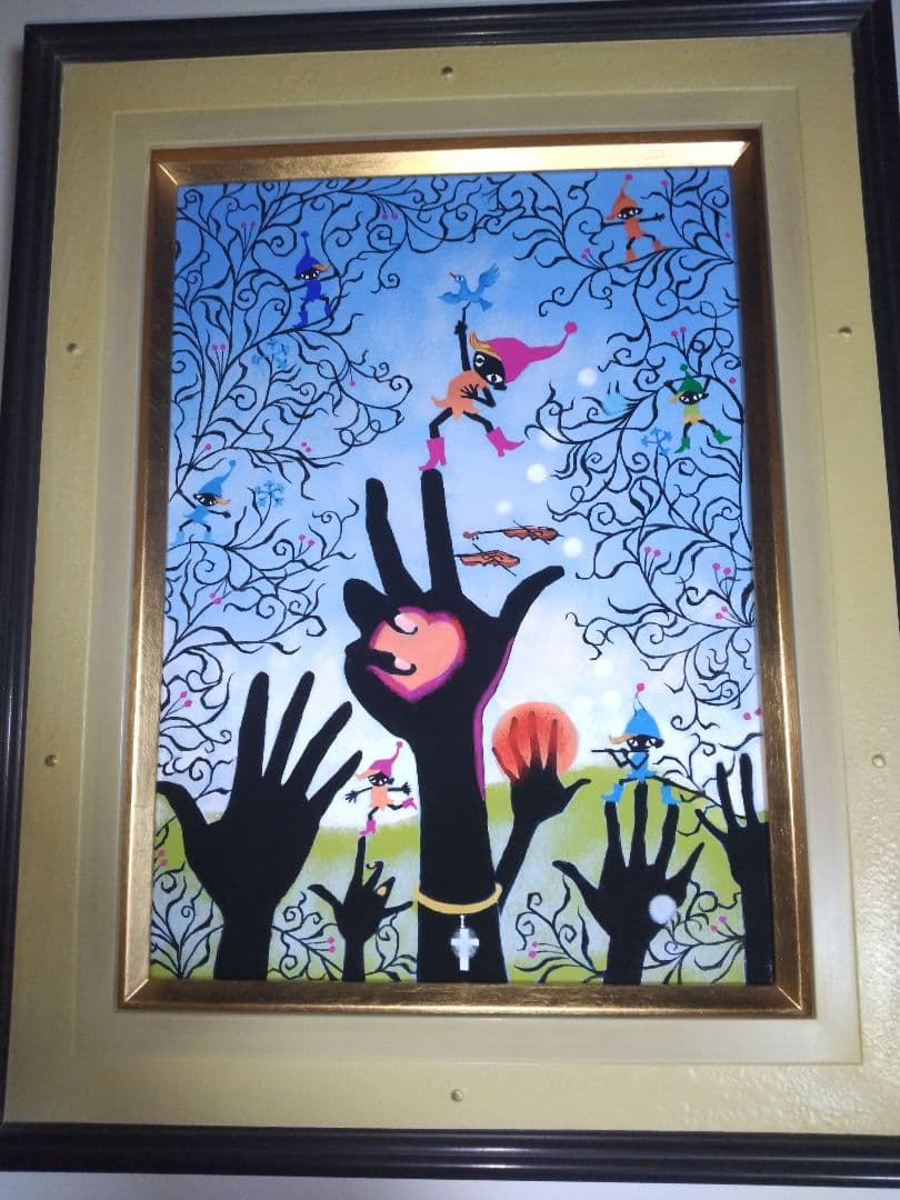 藤城清治、絵画、油彩4号こびとくんこの指とまれ新品額縁、肉筆、山下清。