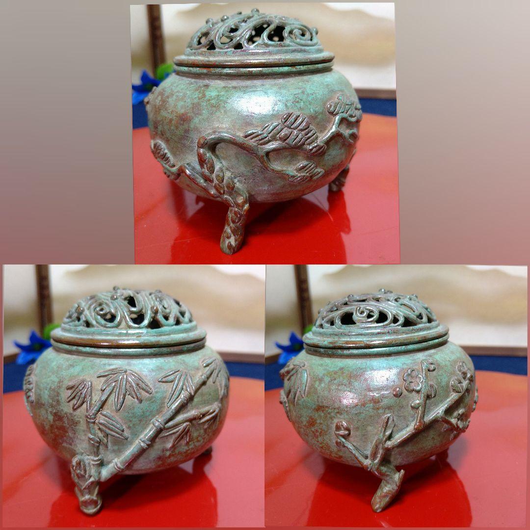 AH10 須賀月芳 香炉 松竹梅 三足 共箱 共布 栞 未使用 高岡銅器 蝋型