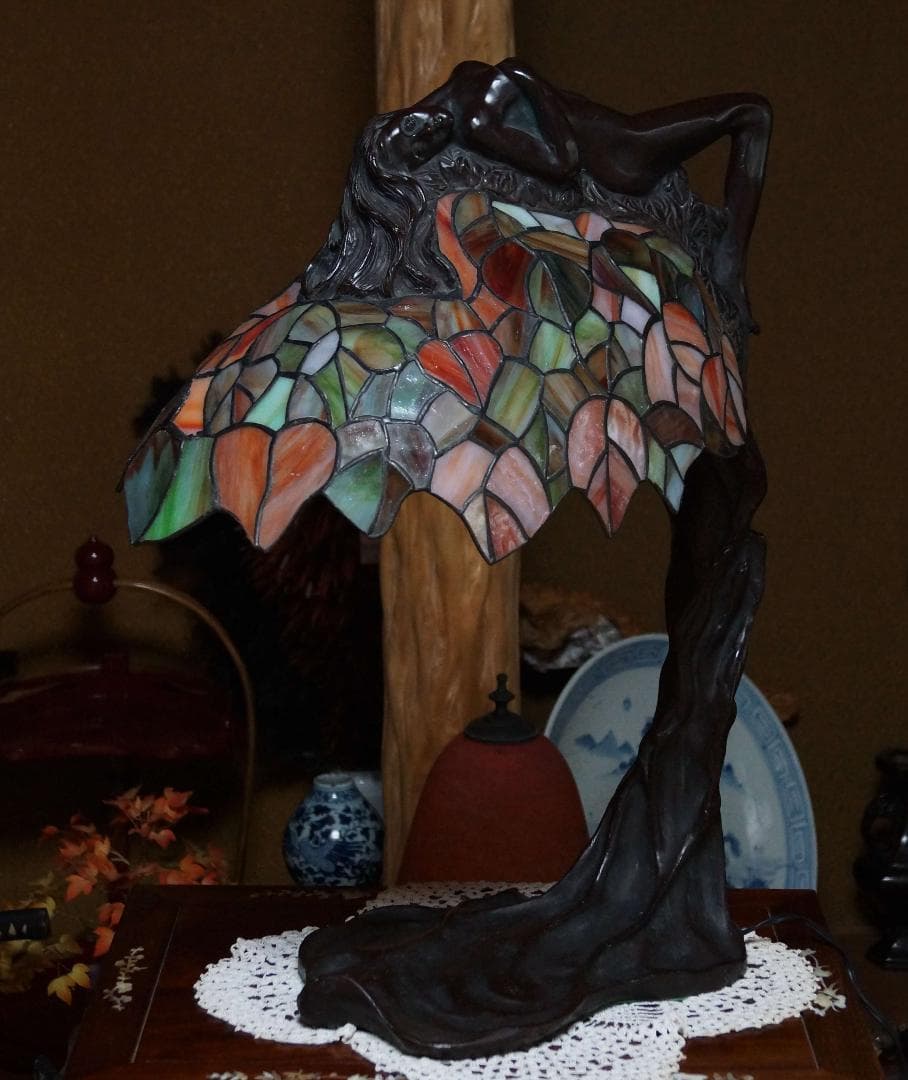 大型トマソン アール ヌーボー ブロンズ ダフネ ステンドグラス ランプ