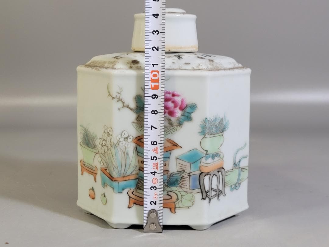 中国 色絵 花盆絵 六方 茶壷 DT448