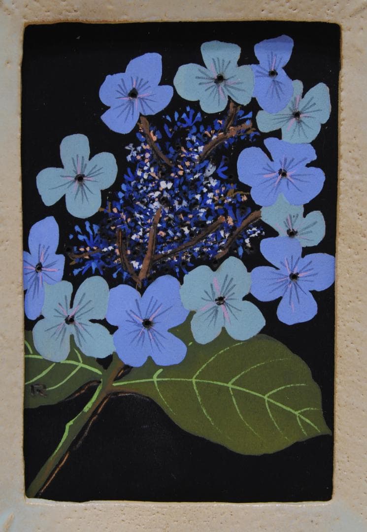 加藤六郎 陶器額 焼絵 「 あじさい 」 花の絵 絵画 静物画 紫陽花