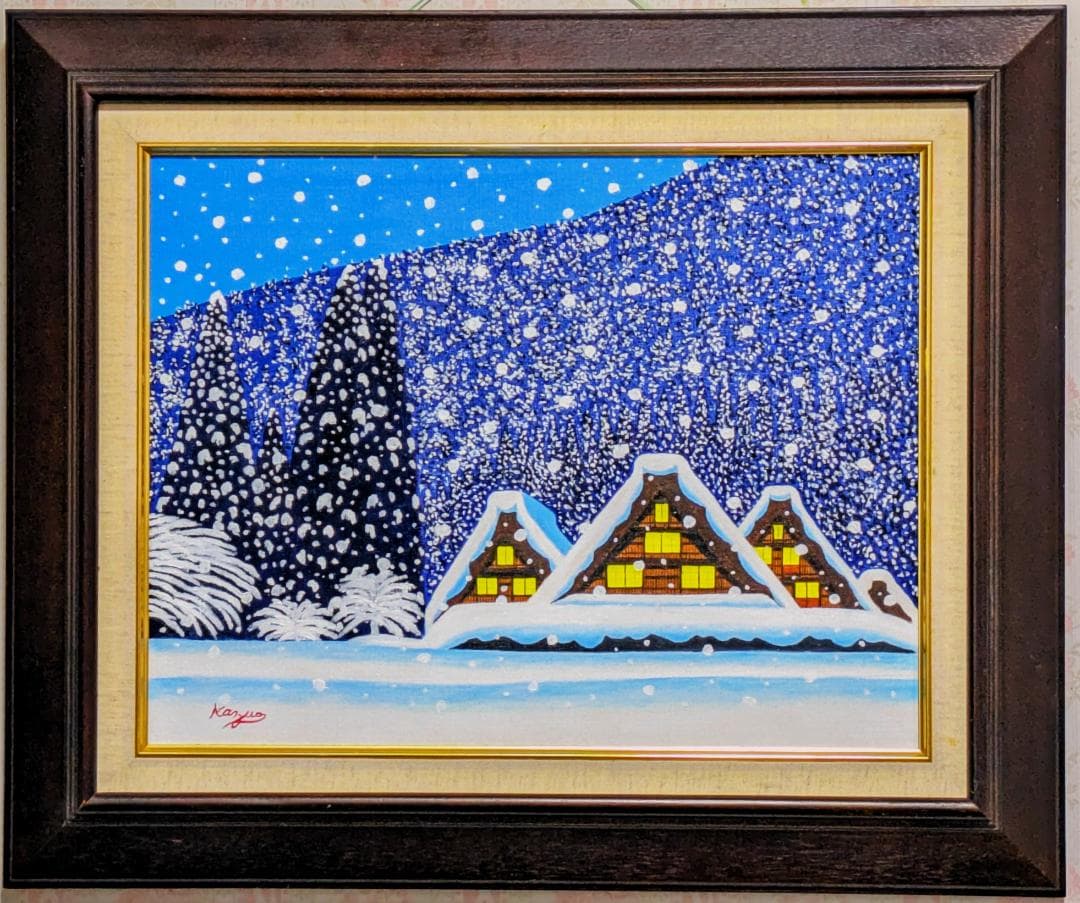 ★冬の白川郷・肉筆油彩画・F6キャンバス