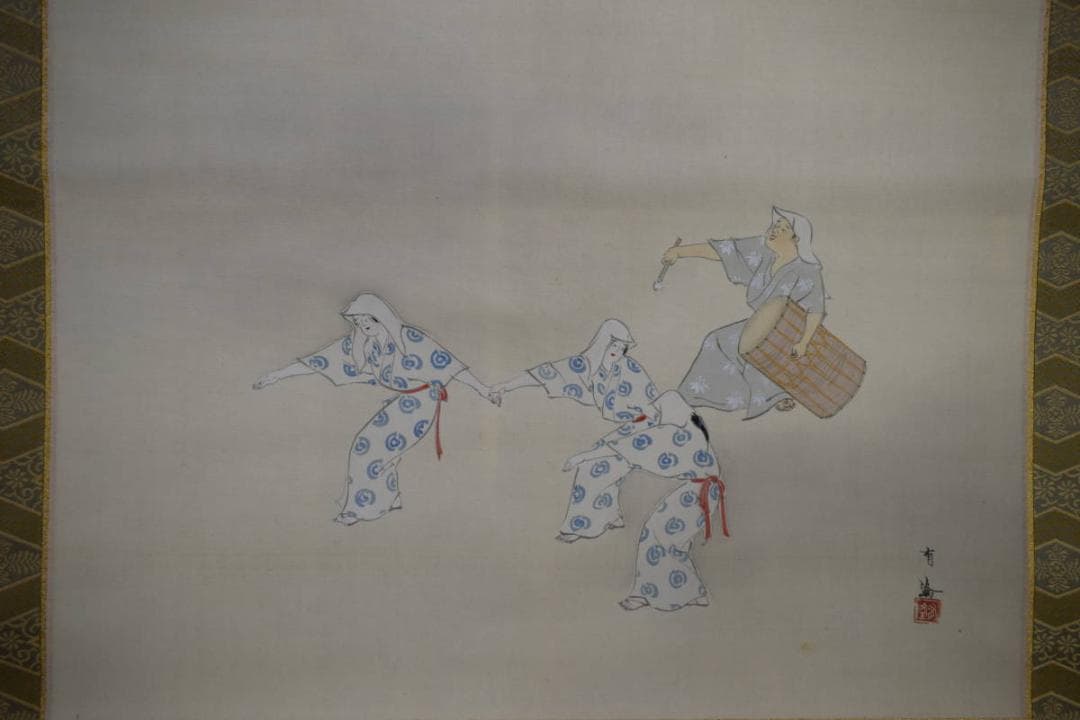 真作/服部有隆/盆踊り図/豊年踊り/桐共箱付/布袋屋掛軸HG-994