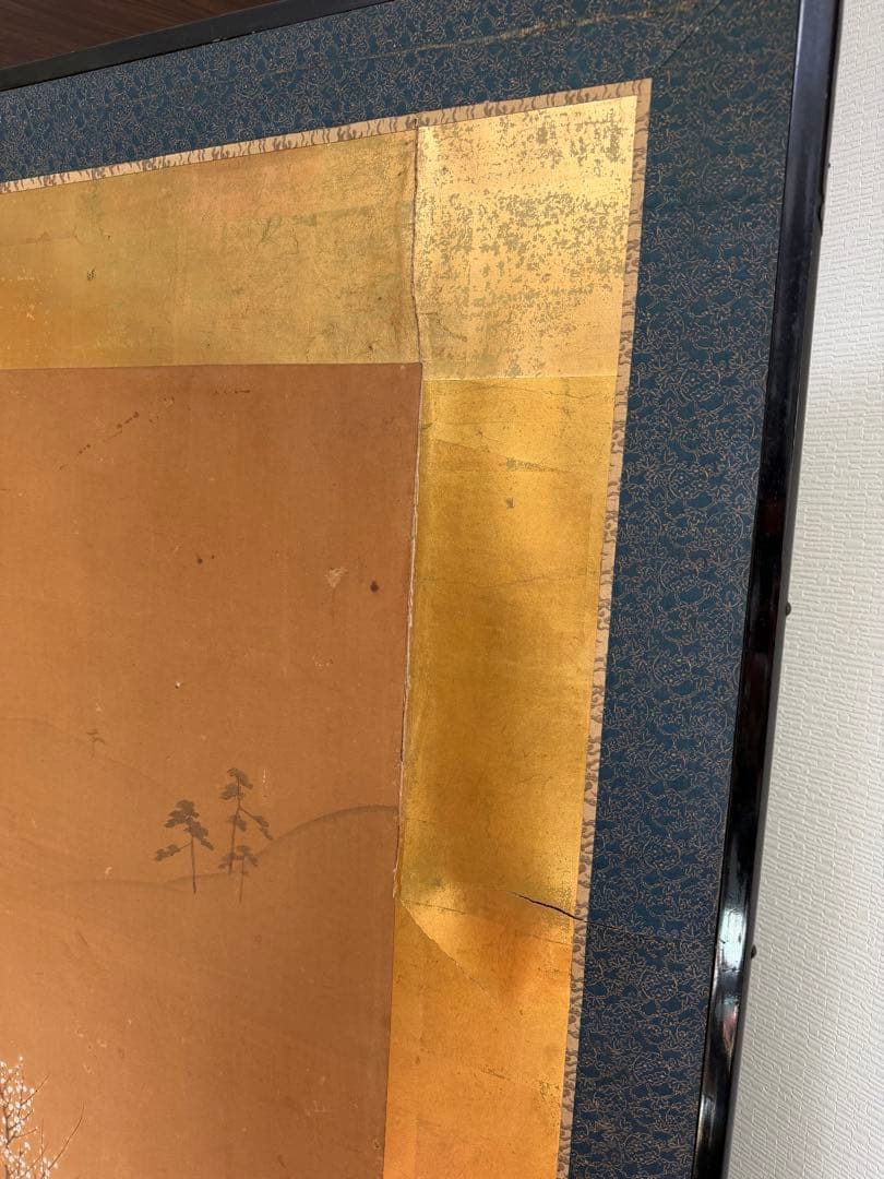 伝統的な日本屏風 大型 金屏風 二曲屏風 アンティーク