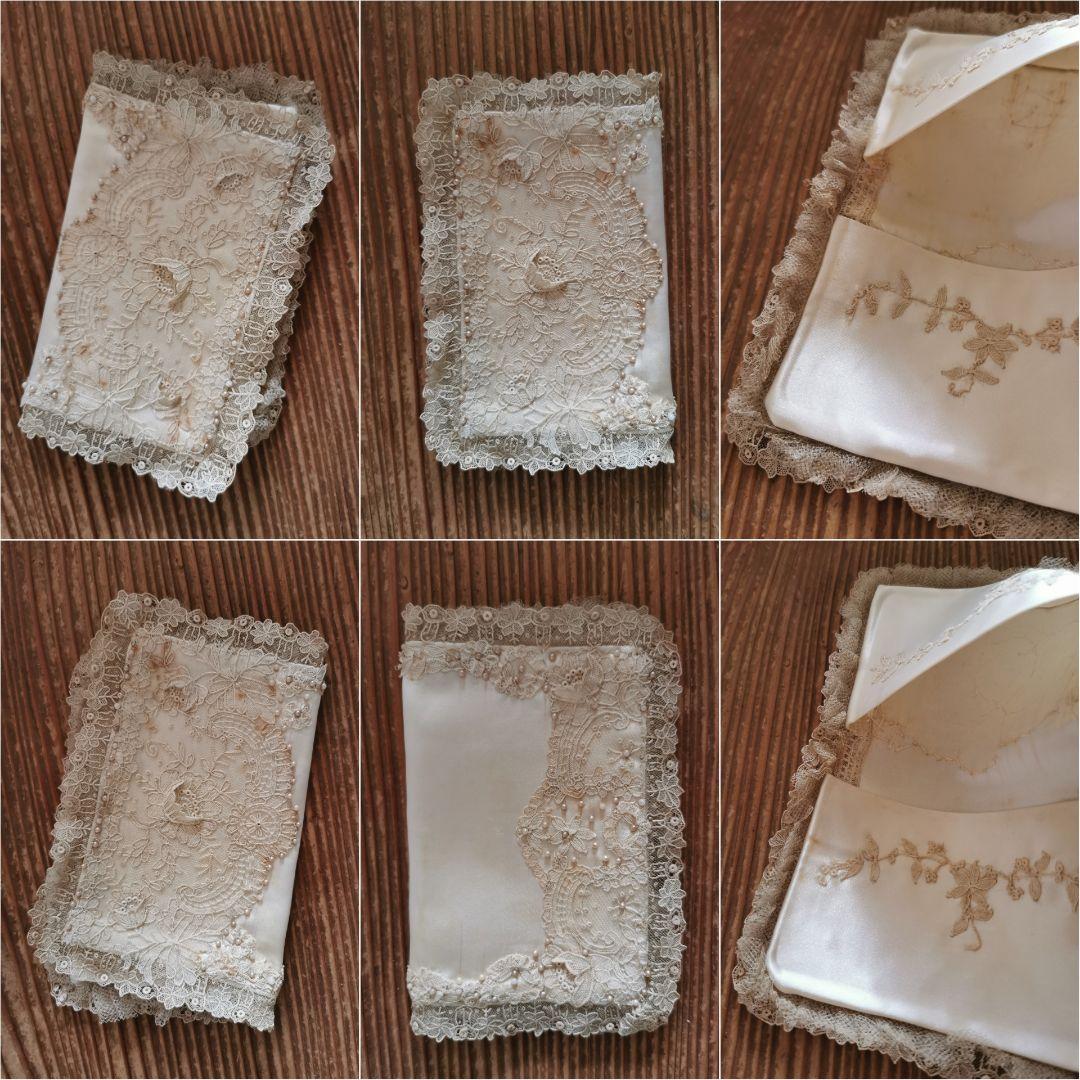 アンティークポワンドローズ ボビンレース パール装飾シルク聖書/ハンカチケース