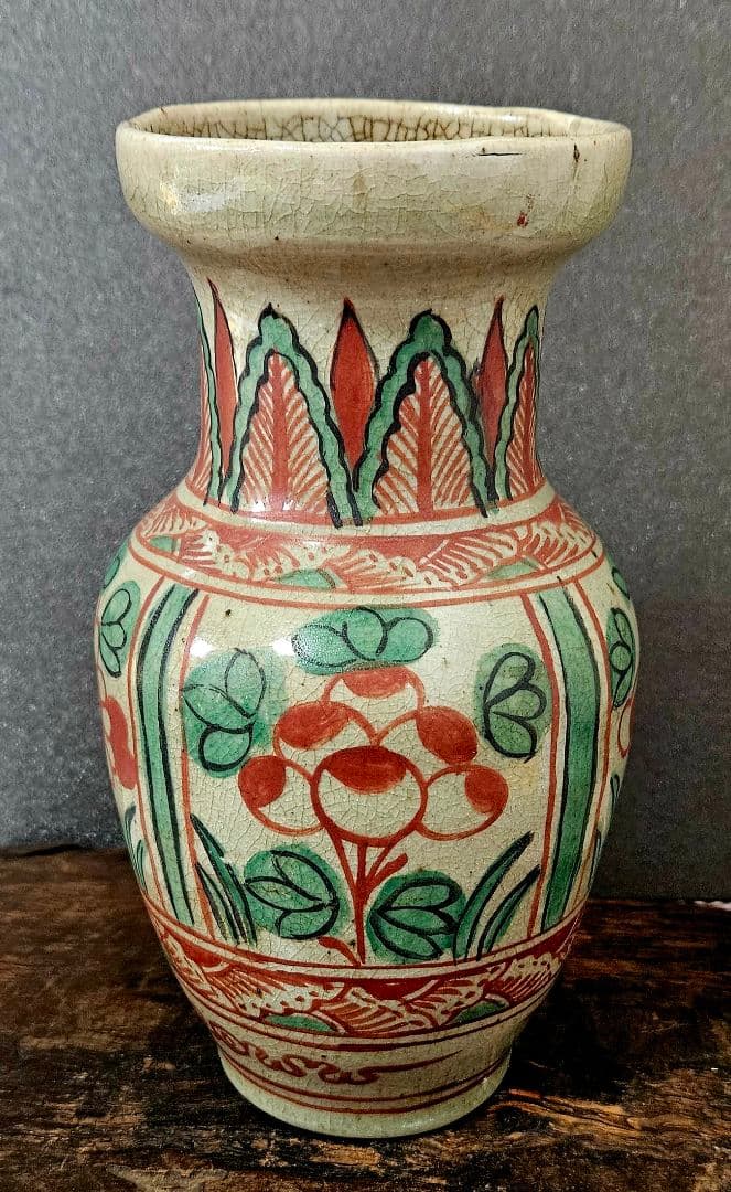 古代中国　明代～清代頃　古赤絵　天啓赤絵 四面花文様　広口壺　罐　花入れ　茶道具