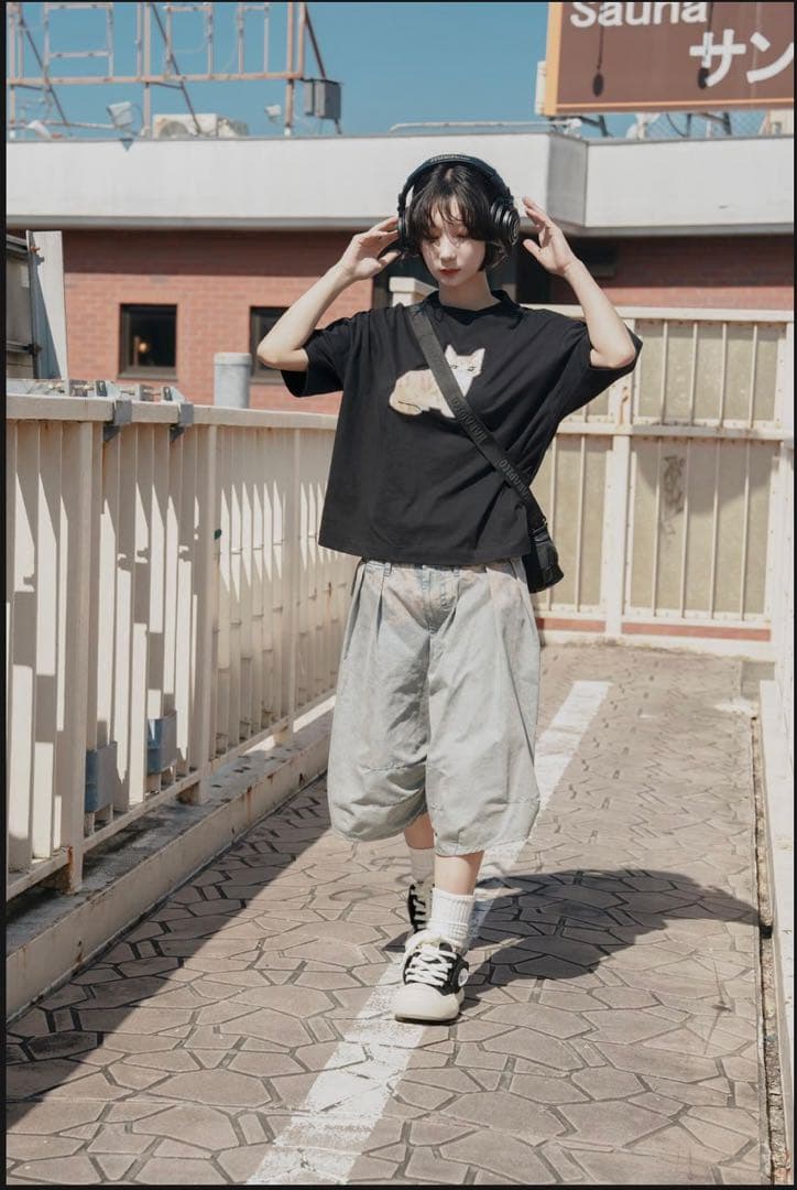 harapeco Washed-DEFORMED HALF PANTS-ブルー