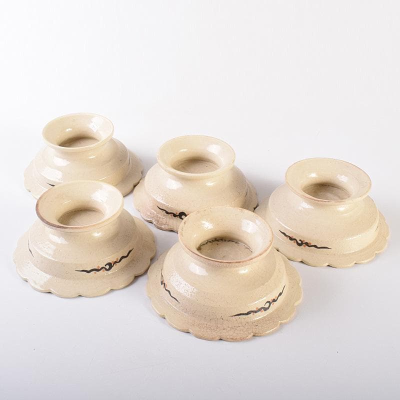 和食器　向井一峰作　織部向付　台皿　五客　共布共箱　M　R7606