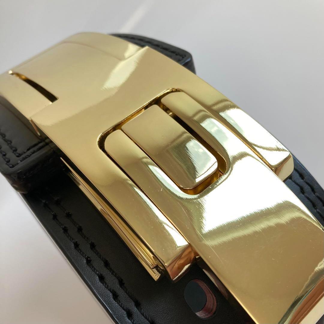 【訳アリ】 パワーベルト レバーアクション 本革 ワンタッチ可変式 黒×ゴールド