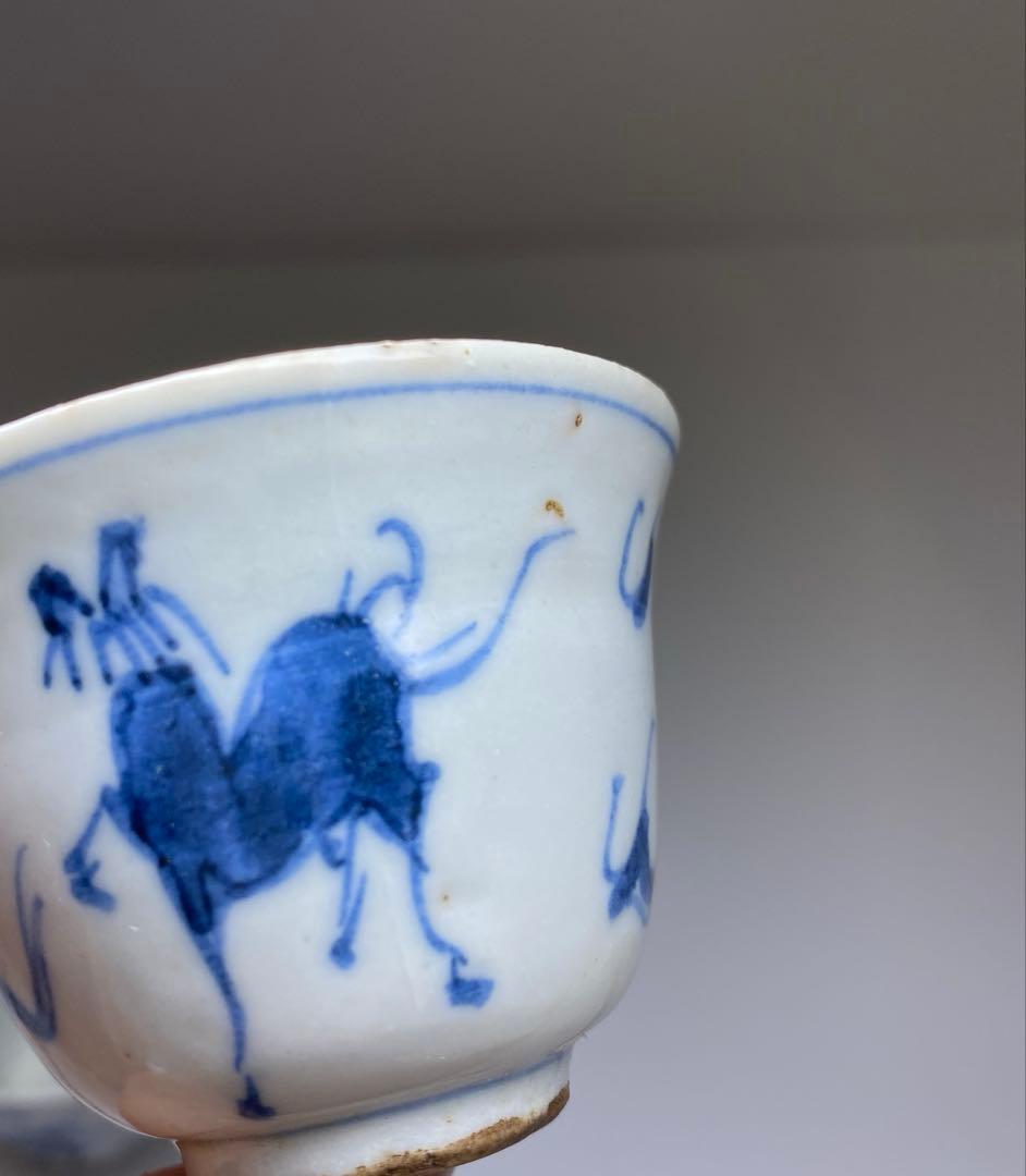 中国清時代　唐物青花キリン図煎茶碗2客　口径約6㎝　東Y7-0331☆2Fタトチ