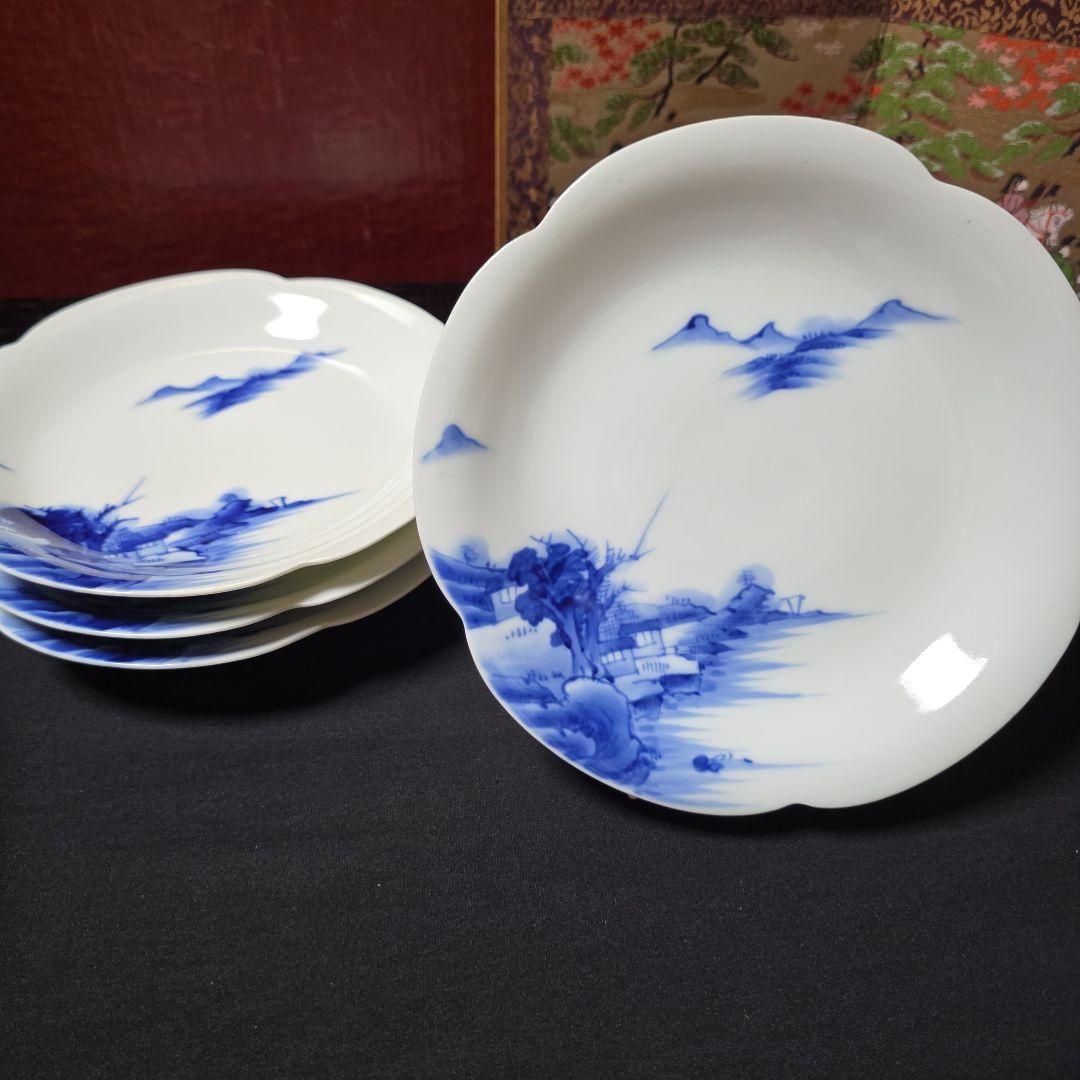 源六焼　富永源六　染付山水文　高台 輪花皿　中皿　18.5cm　4枚　 三つト印