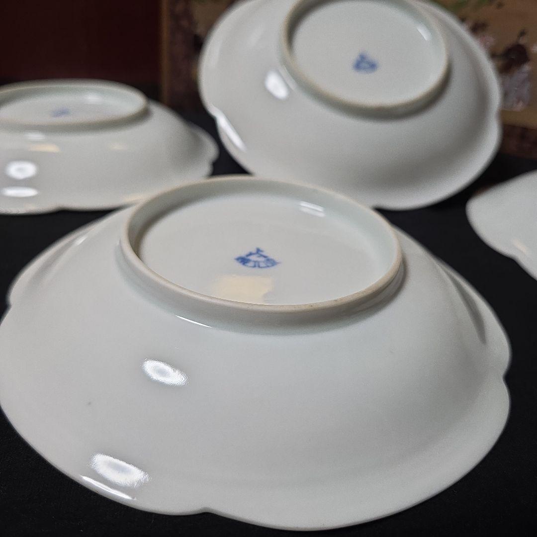 源六焼　富永源六　染付山水文　高台 輪花皿　中皿　18.5cm　4枚　 三つト印