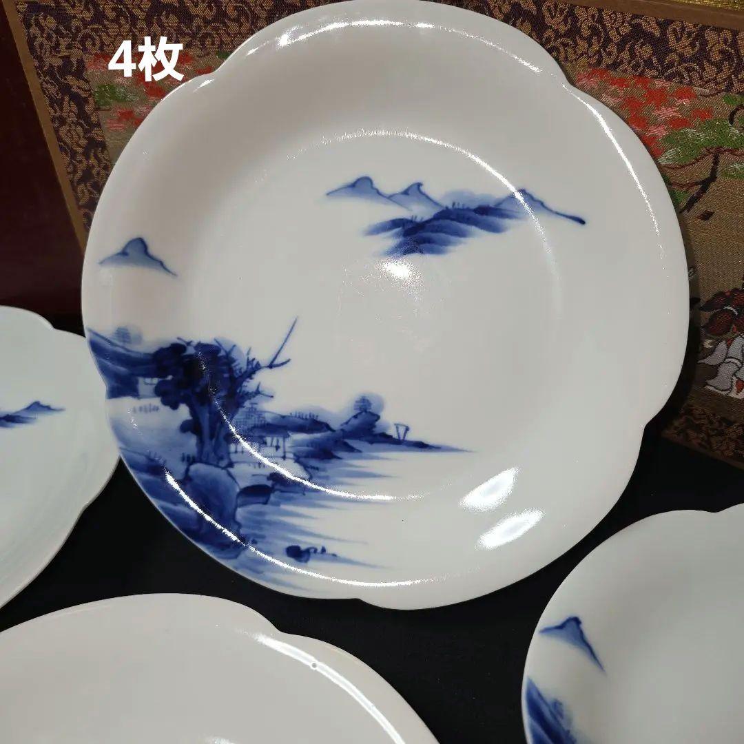 源六焼　富永源六　染付山水文　高台 輪花皿　中皿　18.5cm　4枚　 三つト印