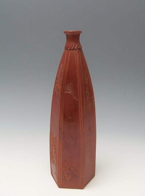 江戸後期 傘徳利 松模様 俳句刻 窯変面取り六角徳利 レア古備前・レア備前焼