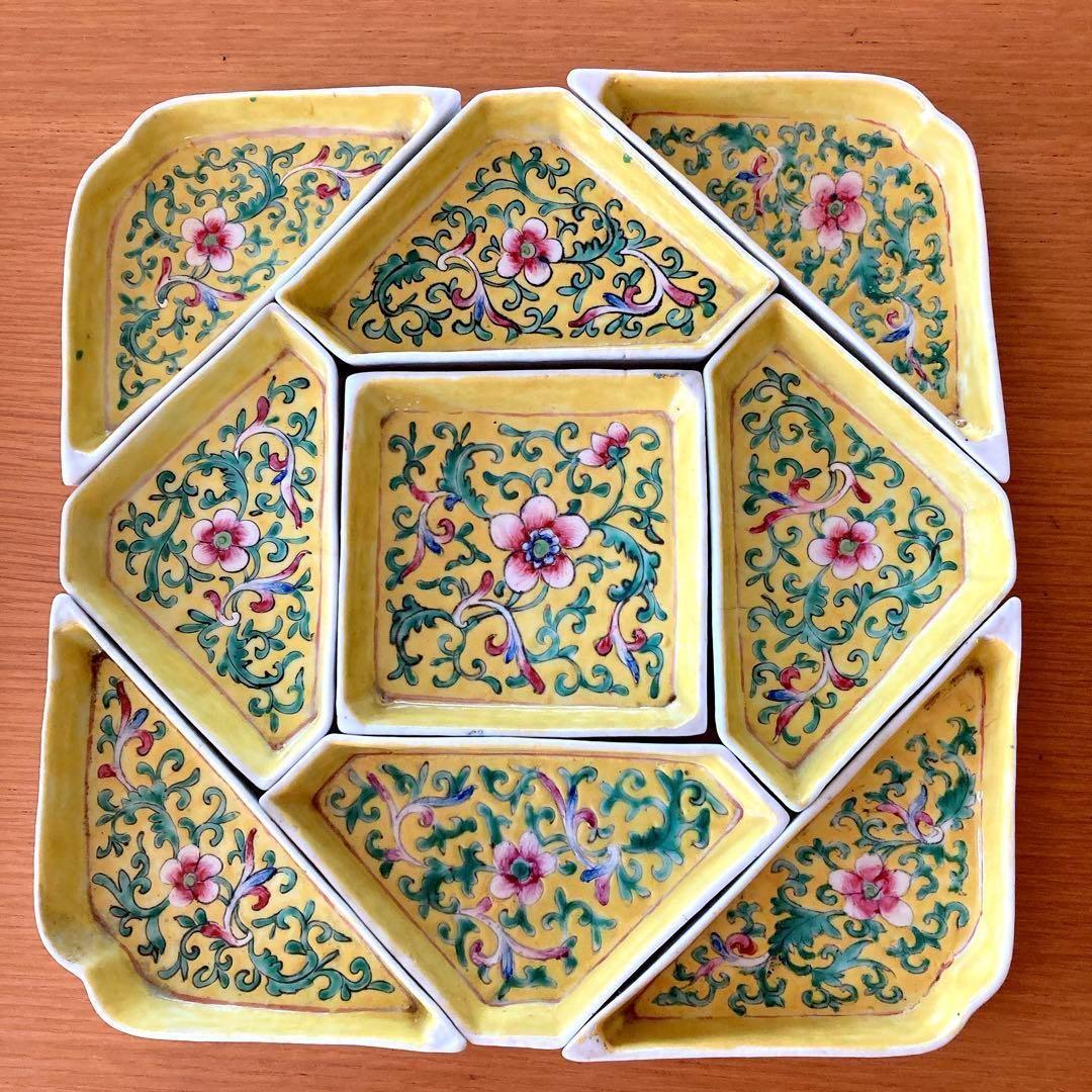 中国 アンティーク 陶器セット 花柄 黄色