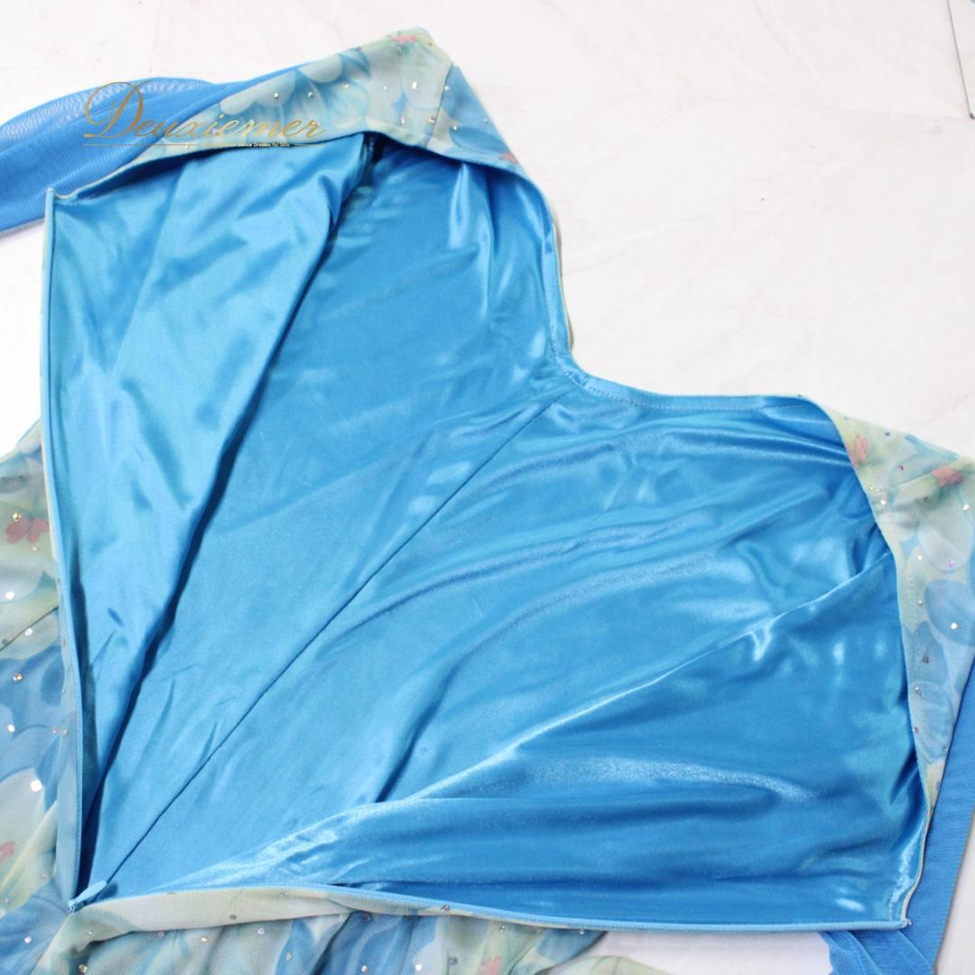 【美品 社交ダンス衣装】ワンピース ドレス 水色 ライトブルー チョーカー 長袖