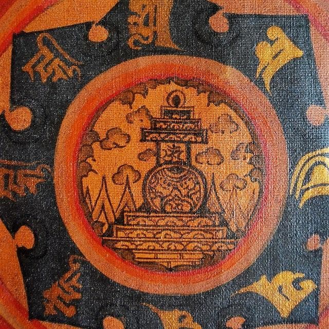 オンマニペメフム　マントラ　曼荼羅　ストゥーパ　：　タンカ　仏画（額縁なし）