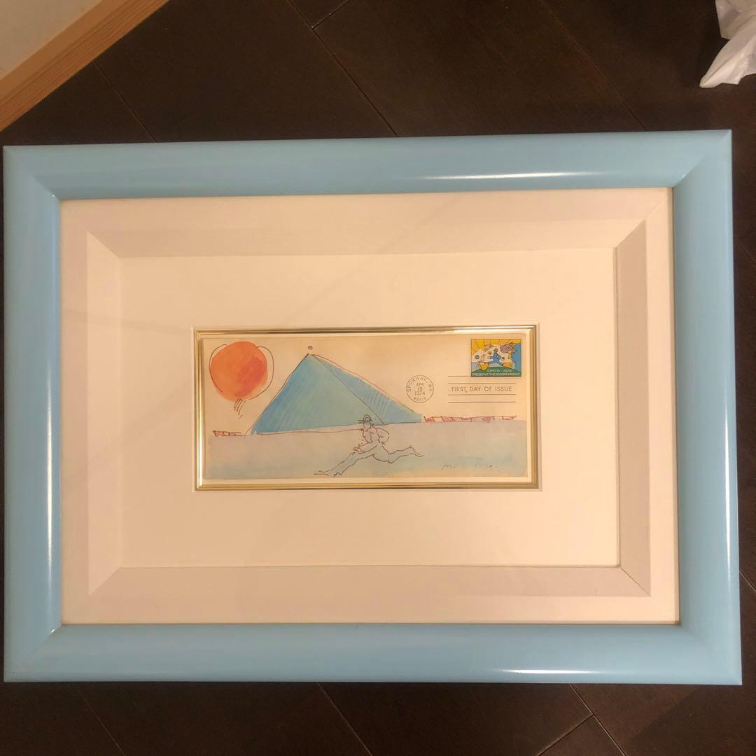 ピーター マックス　真作 水彩画 ピラミッドとバルーン 切手付き