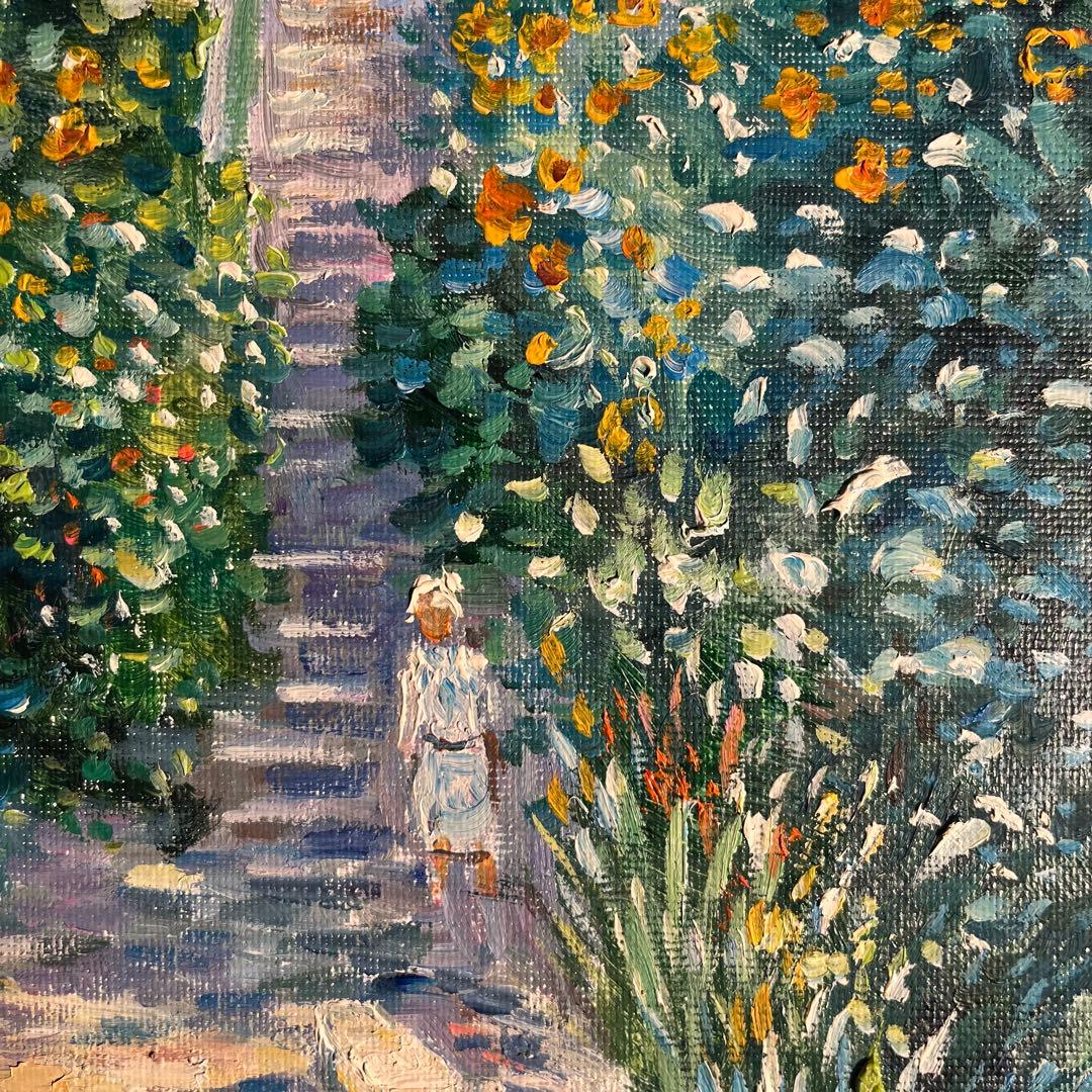 ★秀作★手書き油絵 クロード・モネ ヴェトゥイユの画家の庭 額付 絵画 油彩画